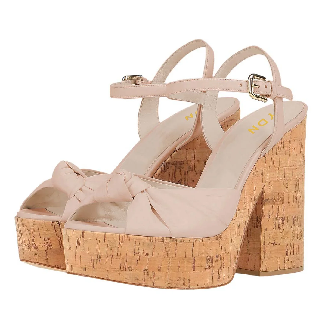 Women's Buckled Vamp Strap Nude Platform Heel Sandals with Knot