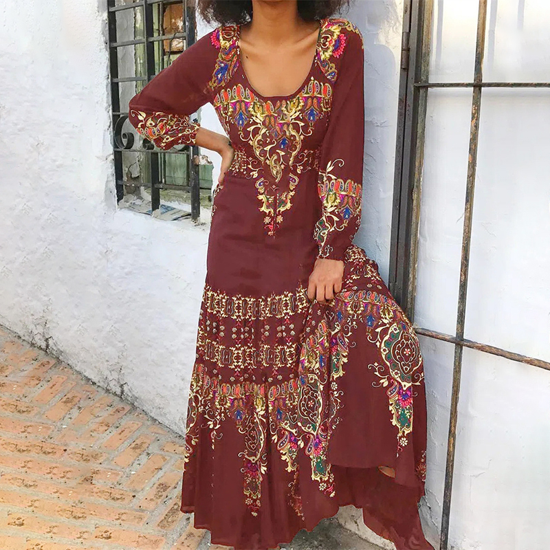 Women's Boho U Neck Printed Maxi Dress wearshes