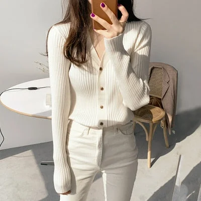 Spring Summer Korean Style Knitted Sweaters Women Buttons Cardigan Slim Ladies Fashion Long Sleeve Top