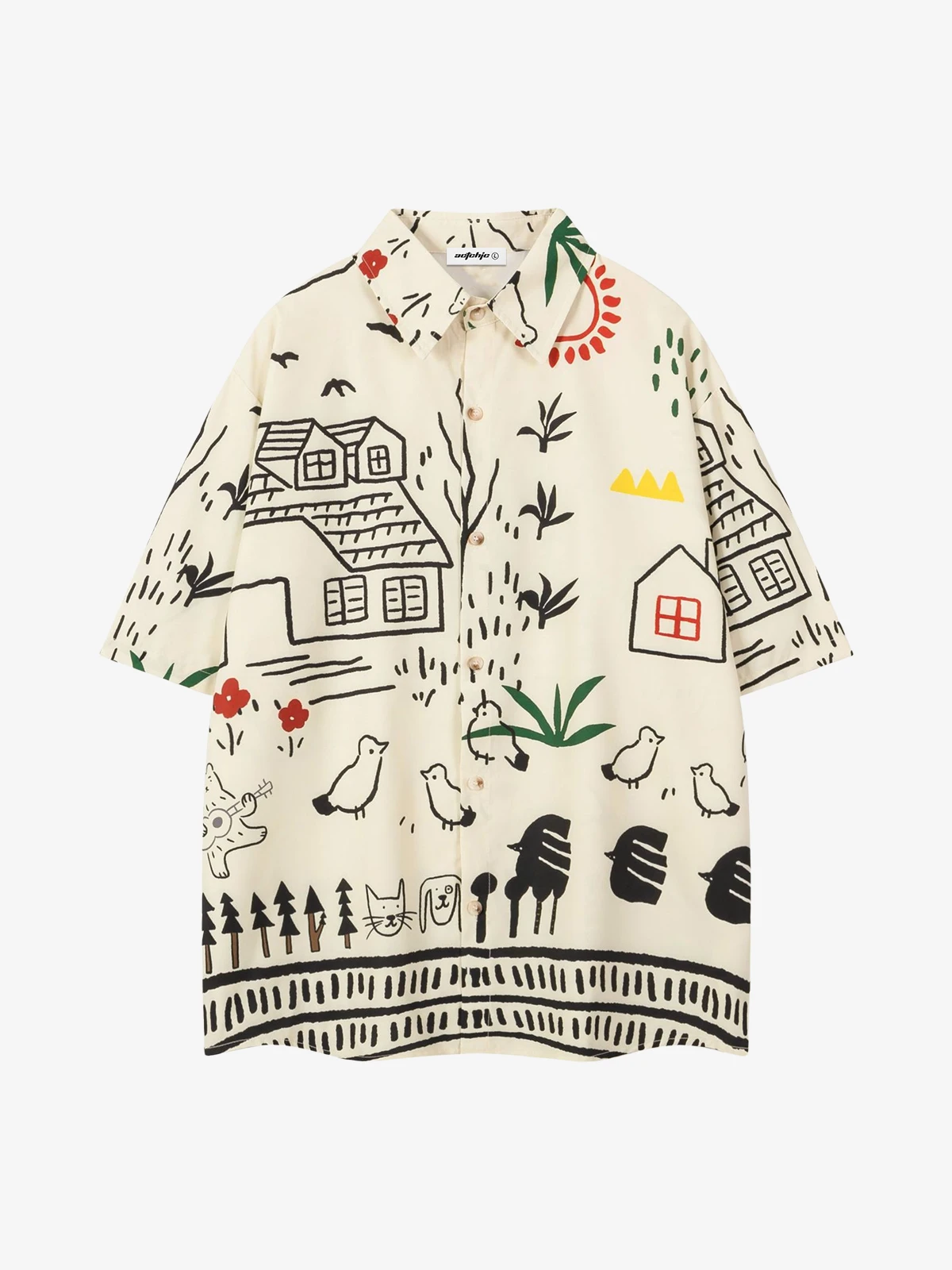 Apricot Act Chic Vintage Pastoral Graffiti Print Short Sleeve Shirt Front