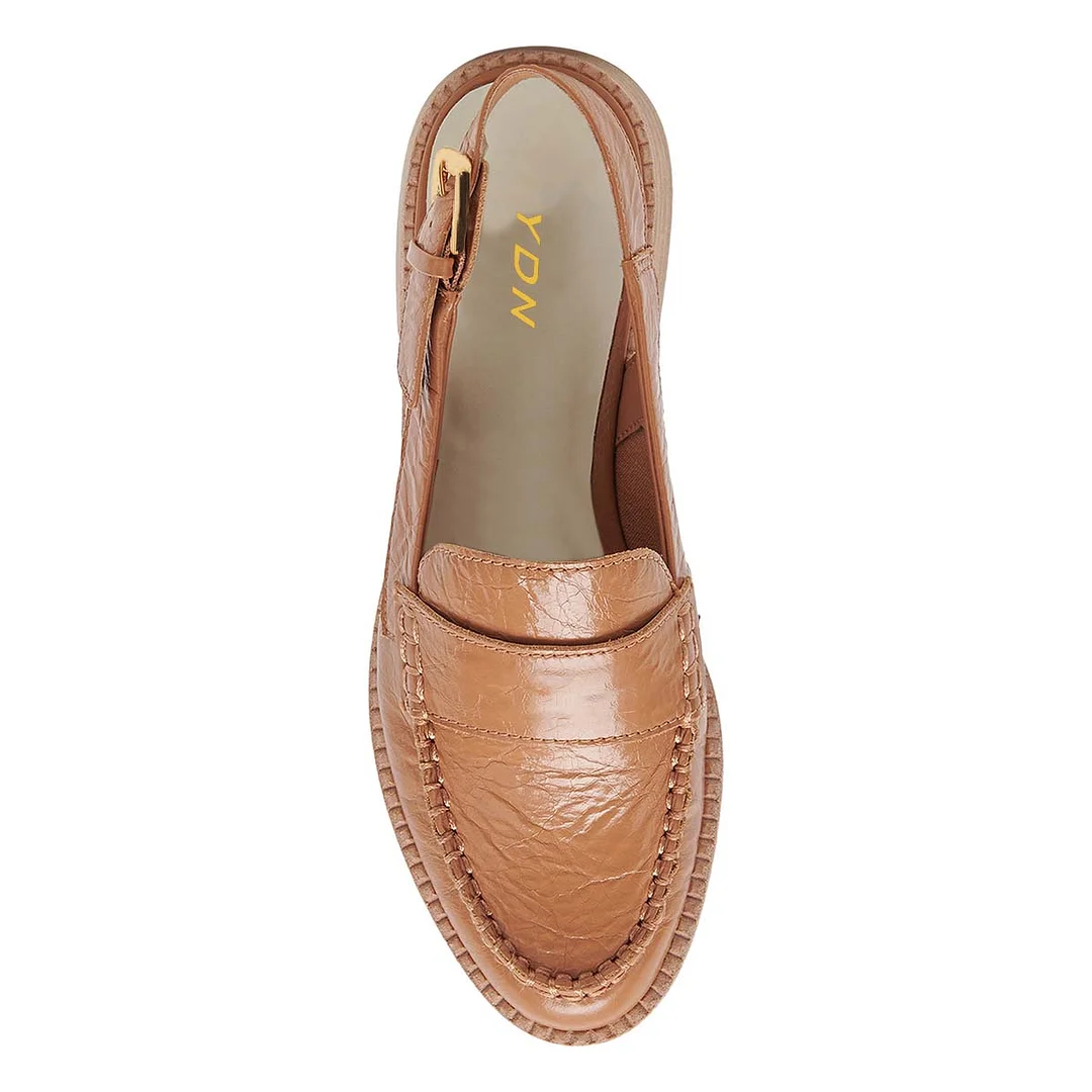 Tan Round Toe Distressed Vegan Leather Flat Slingback Loafers