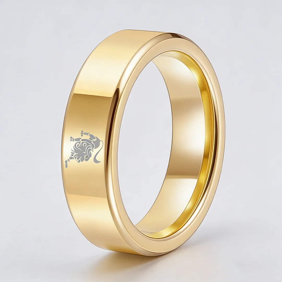 Mens Womens Flat Leo Tungsten Carbide Rings Gold Couple Wedding Bands Top Comfort Fit 4MM 6MM 8MM Width