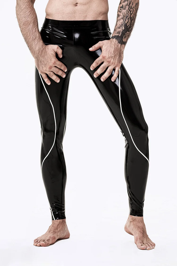 Men's Latex Leggings Male Curved Stripe Black & White Leggings White Stripe Separation Leggings