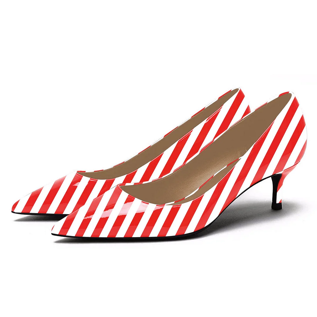 Pointed Toe Patent Leather White & Red Low Heel Pumps with Stripes