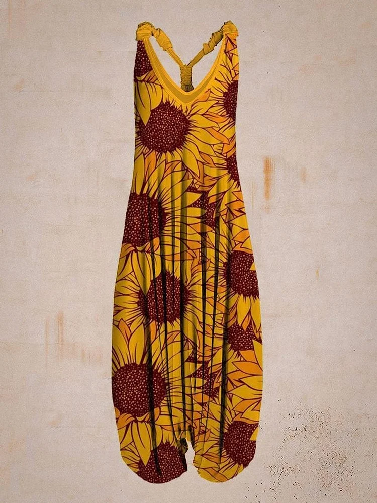Women Vintage Sunflower Sleeveless Harem Jumpsuit
