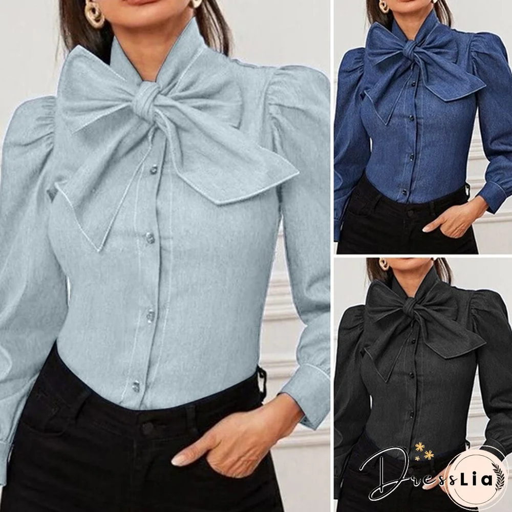 Women Long Sleeve Shirt Elegant Blouse Tunic Bow Tie Denim T-Shirts Plus Size