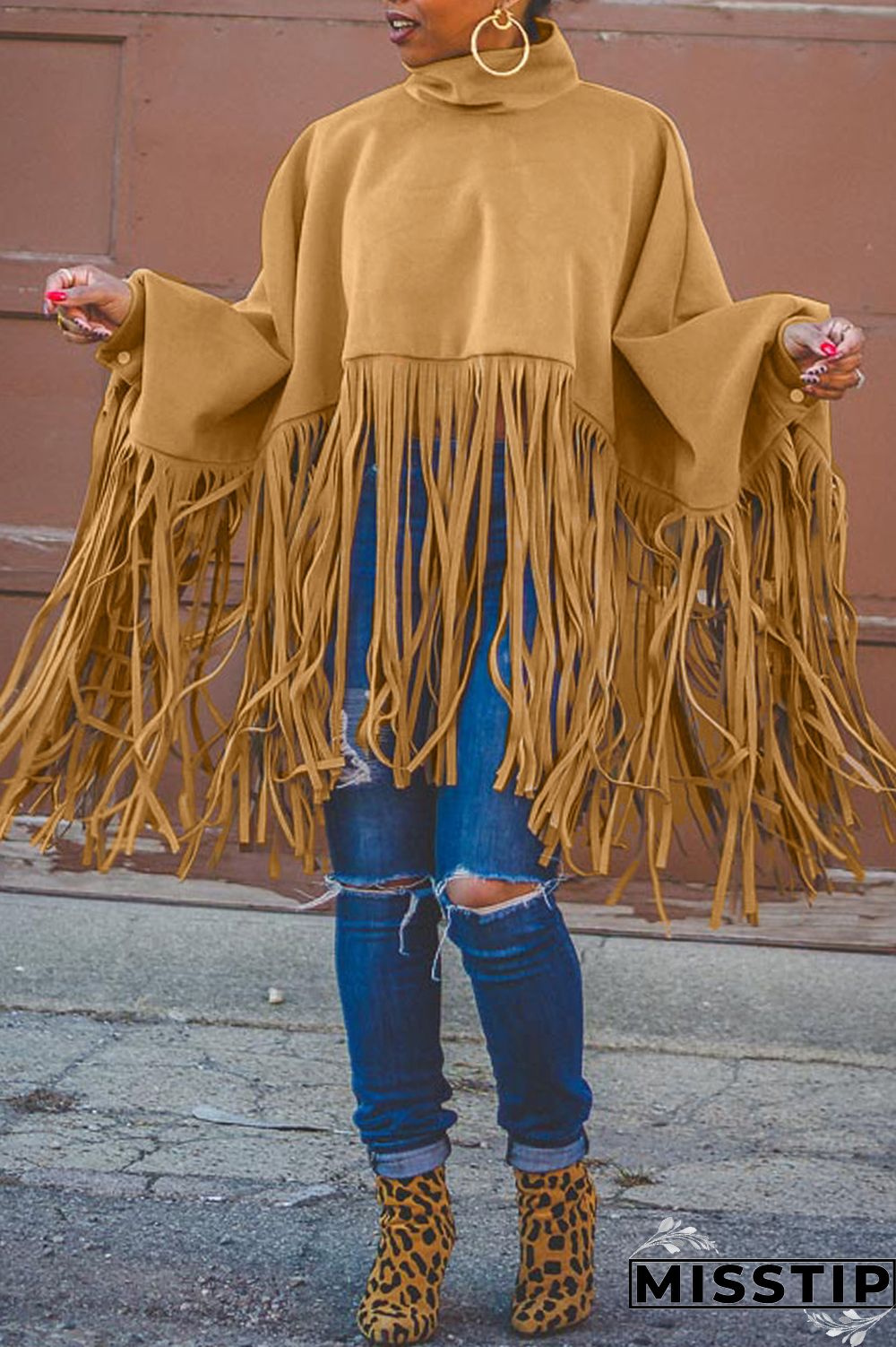 Burgundy Fashion Vintage Solid Tassel Turtleneck Plus Size Overcoat