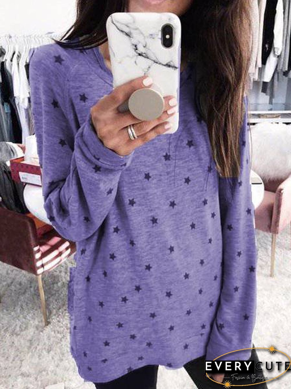 Crew Neck Long Sleeve Polka Dots Shirts & Tops