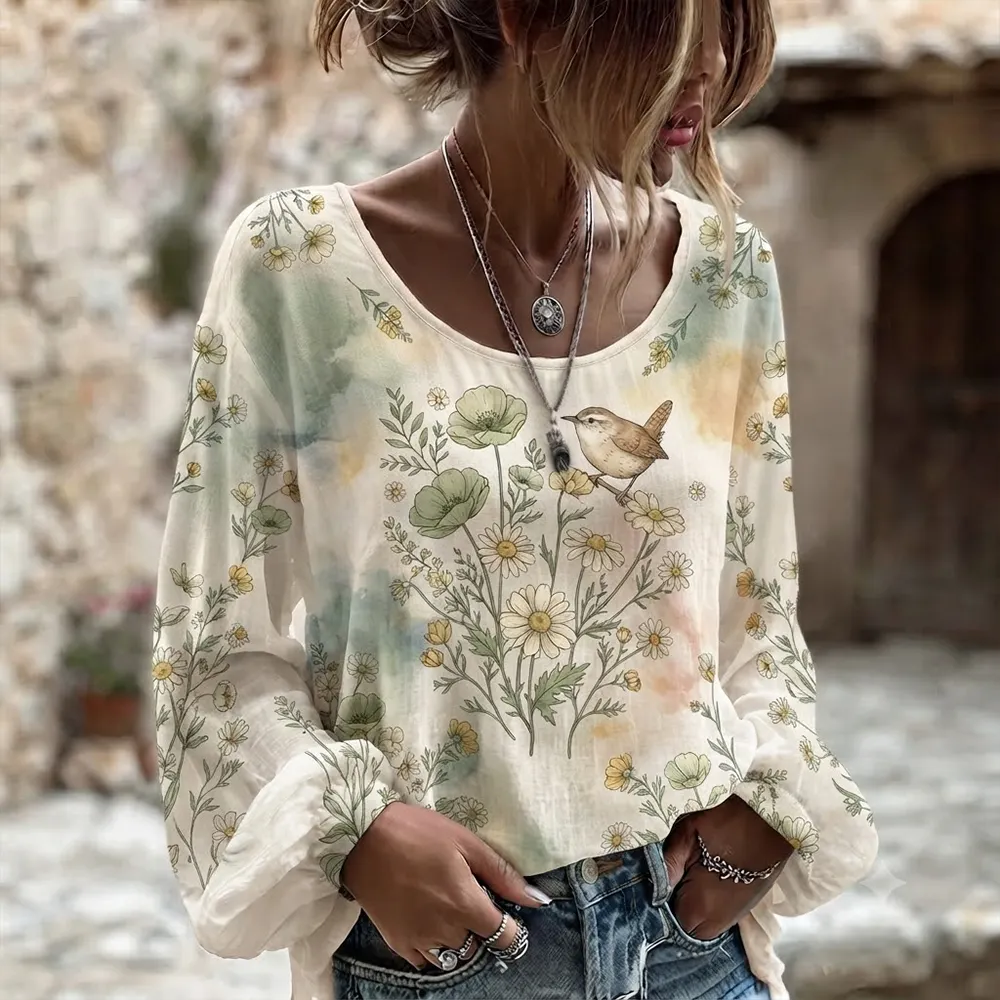 Comstylish Women's Bohemian Watercolor Wildflower And Bird Print Long Sleeve Scoop Neck Blouse