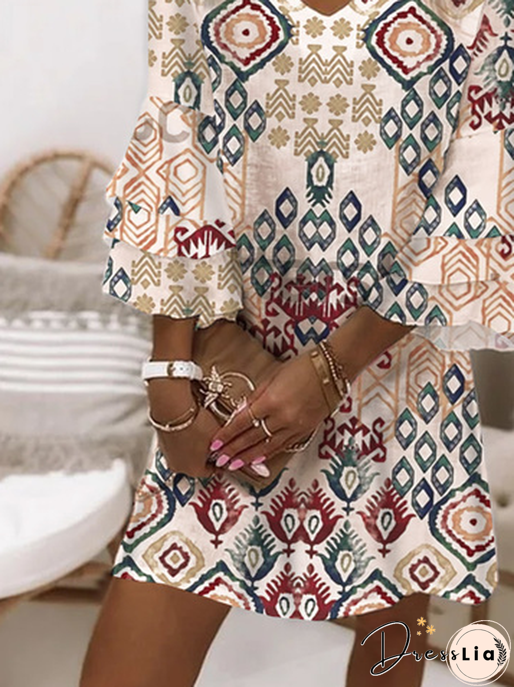Geometric Printed V Neck Casual Dresses