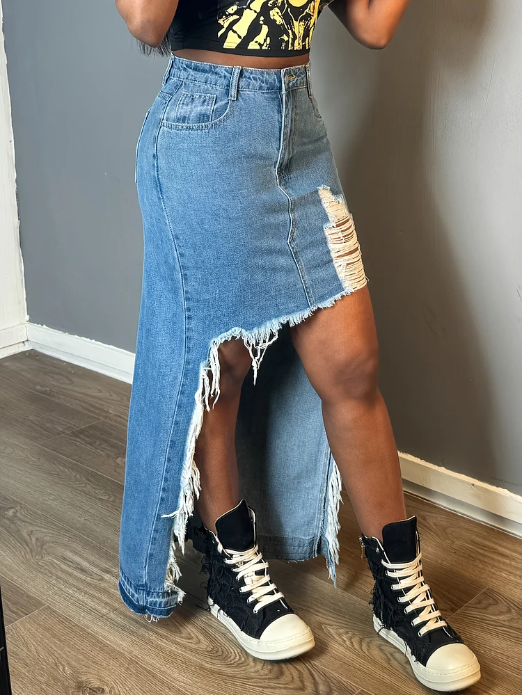 High-Waist Ripped Denim Skirt | Women's Casual Mid-Length With Front Ripped Holes And Fringed Hem