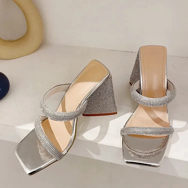 Glitter Rhinestones Triangle Thick Heel Slippers