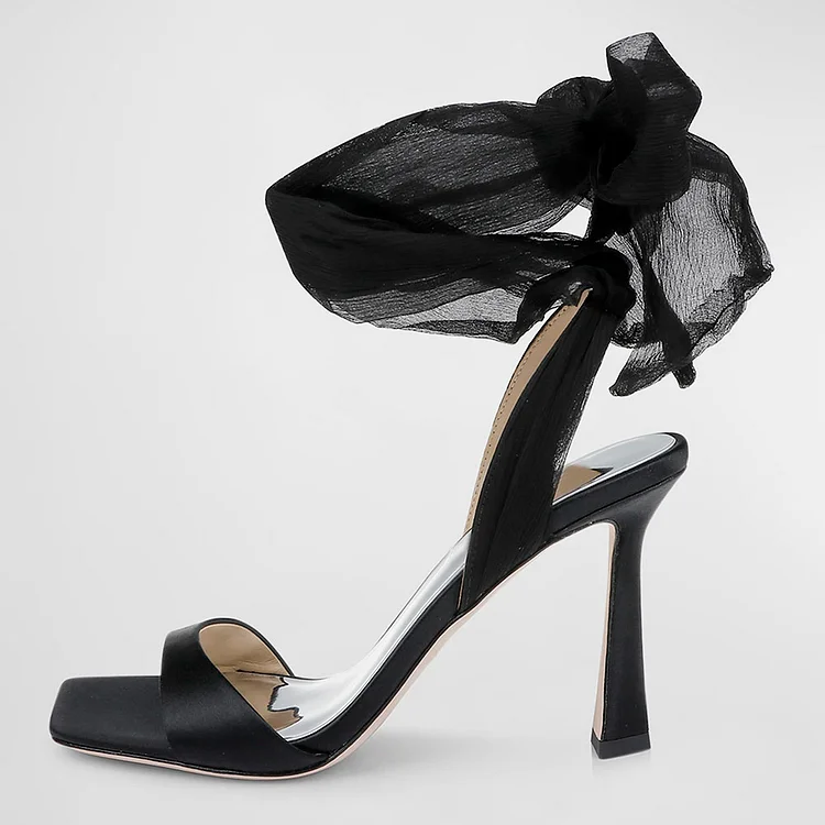 Black Satin Wedding Shoes Square Toe Ankle Wrap Heeled Sandals |FSJ Shoes