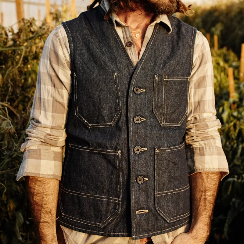 Vintage Wash Raw Denim Casual Vest