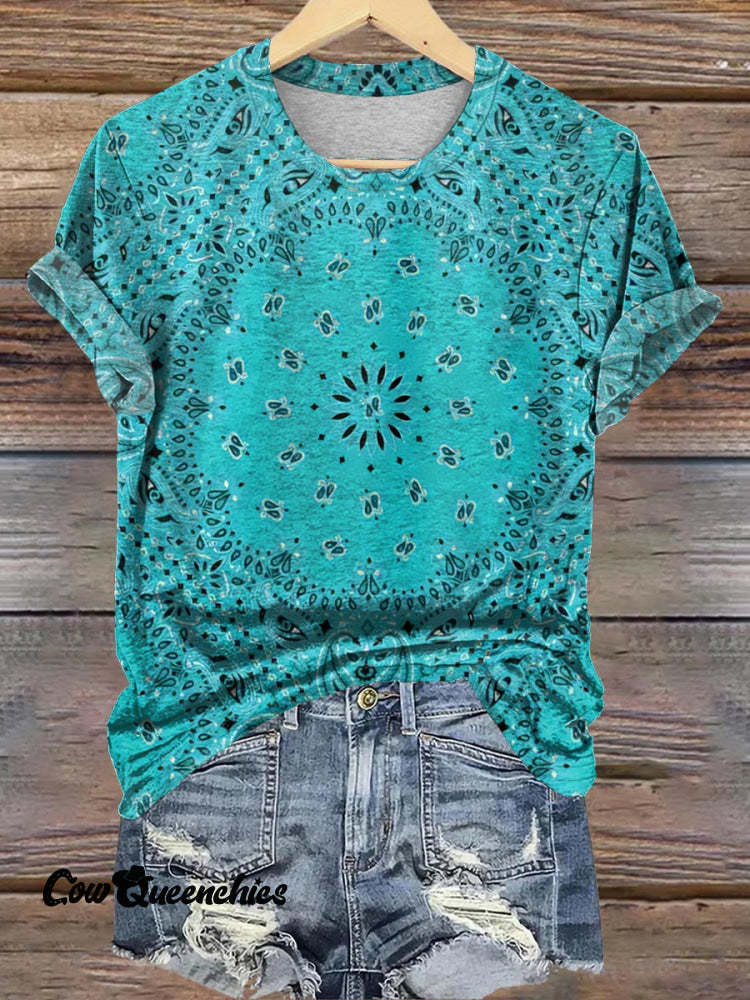 Bohemian Mandala Print T-Shirt Blue / S