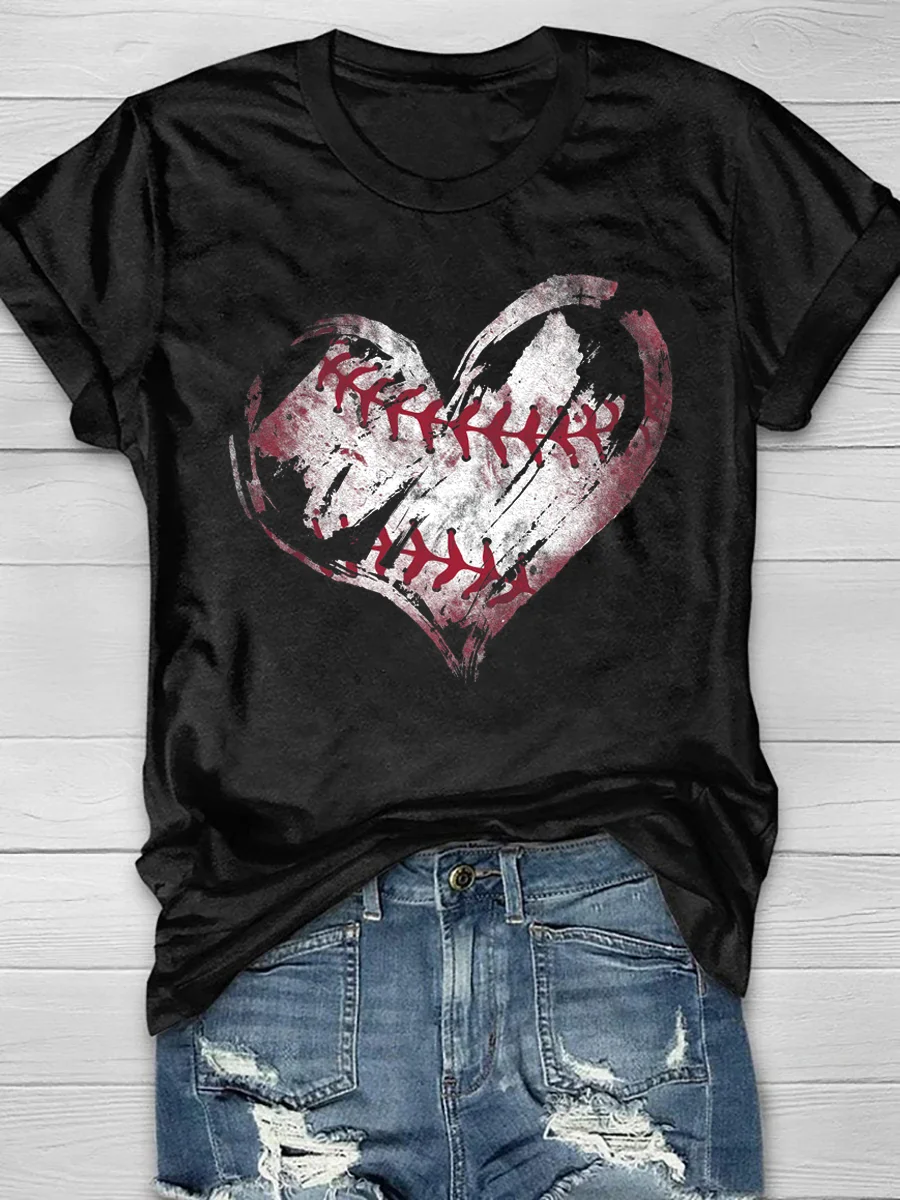 Baseball Heart Print Short Sleeve T-Shirt