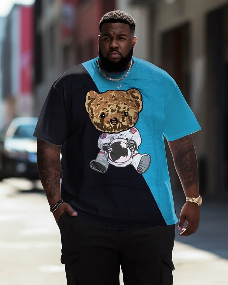Men's Plus Size Street Color Block Bear Graffiti Short Sleeve Round Neck T-Shirt