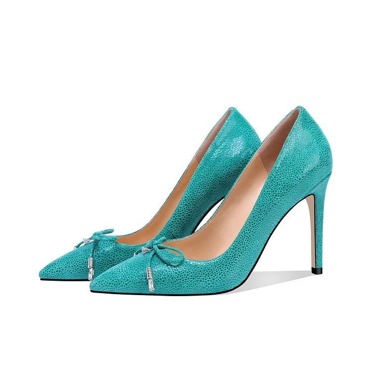 Turquoise Stone Pattern Stiletto Heels Pointy Toe Pumps |FSJ Shoes