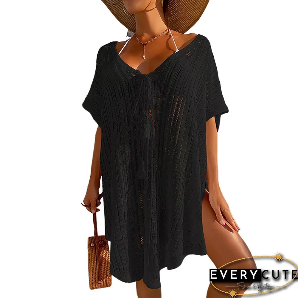 Black Hollow Out Tassel Knitted Beach Cover Up