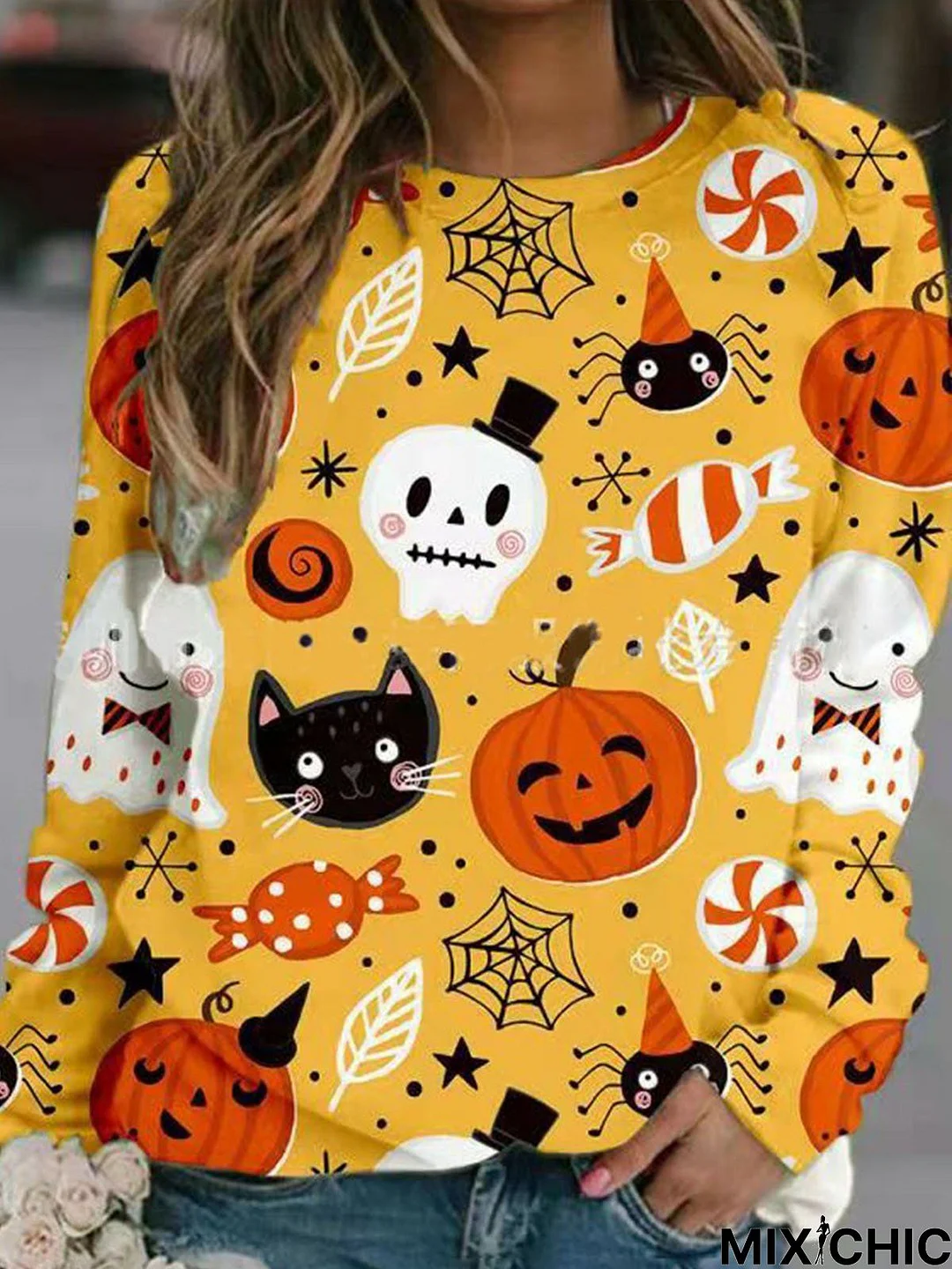 Halloween Cotton Vintage Abstract Crew Neck Hoodies & Sweatshirt