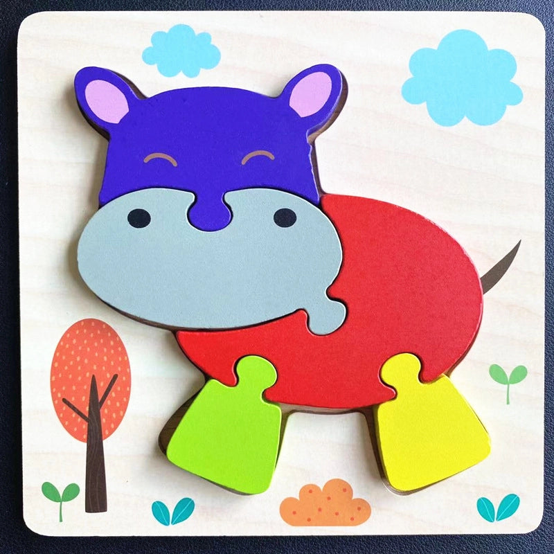 Kindergarten Children’s Enlightenment Early Education Cognition Cartoon Animal Cognition Hand-held Board Wooden Three-dimensional Puzzle Wooden Toys