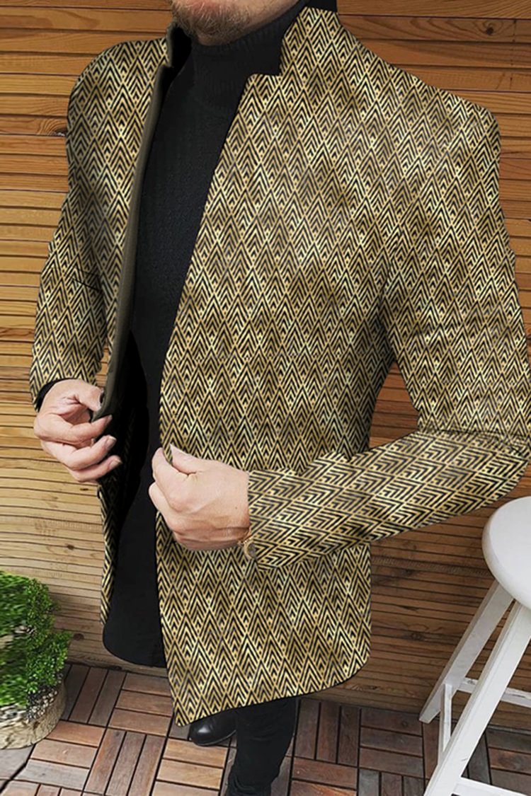 Tiboyz Men's Geometric Pattern Stand Collar Woolen Coat