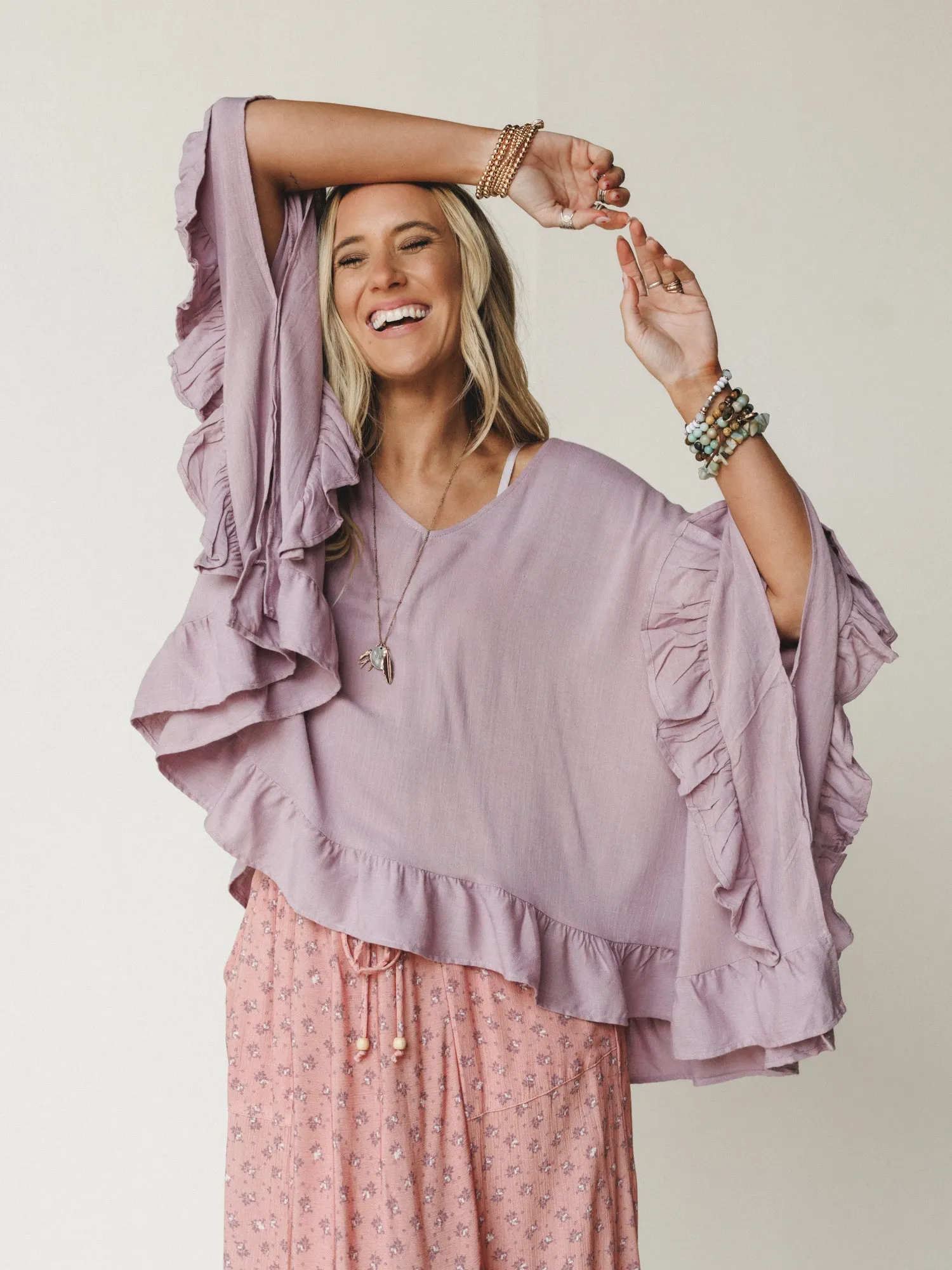The Nest Let Me Ruffled Poncho Top - Pale Plum