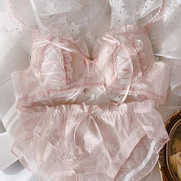 Cute Pink/White/Black Lace Bandage Lolita Lingerie Set SP16099
