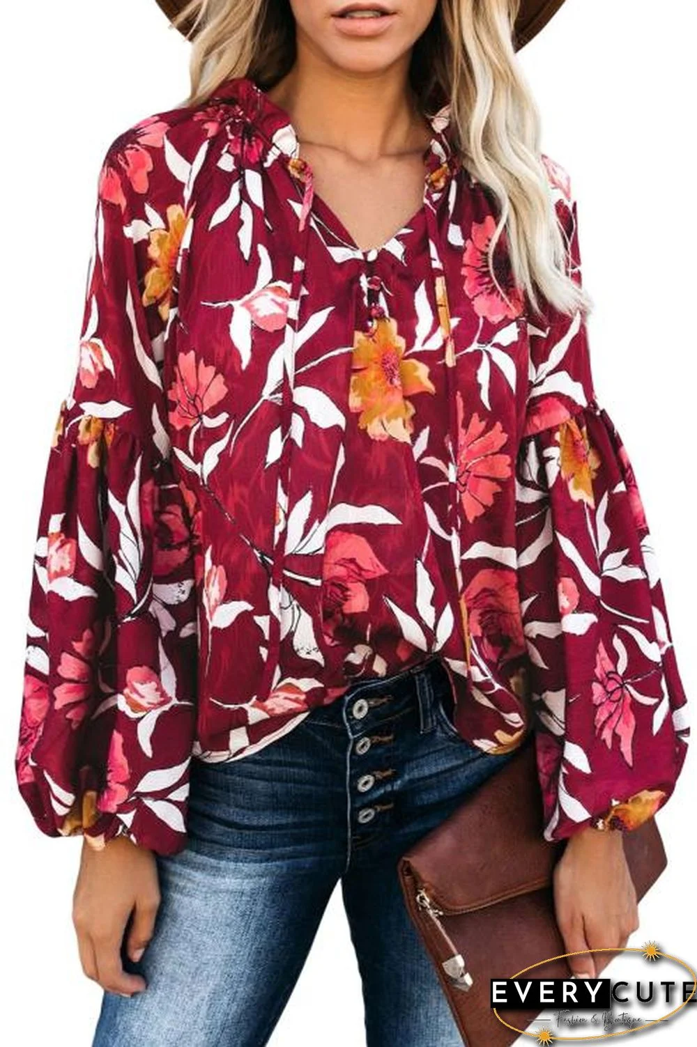 Red Hues Of Autumn Floral Lantern Sleeve Blouse