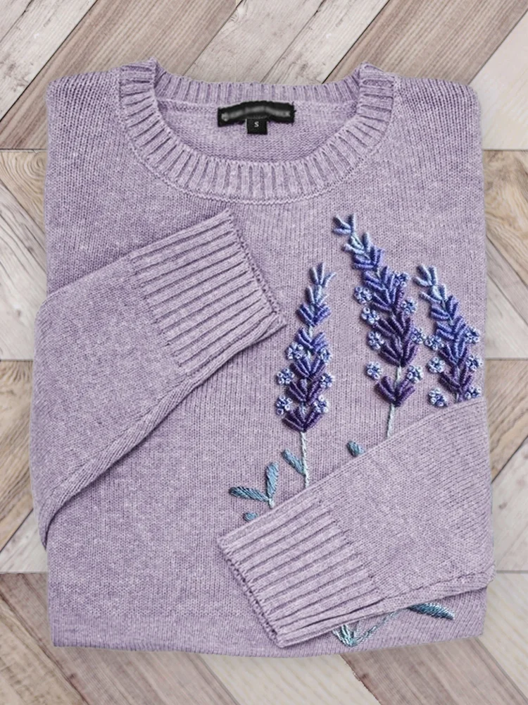 VChics Classy Lavender Embroidered Cozy Knit Sweater