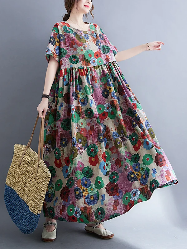 Vintage Loose Floral Printed Midi Dress with Multicolored Charm