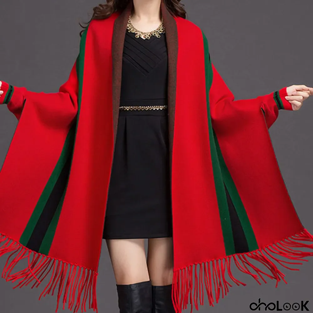 Red Casual Street Striped Tassel Outerwear