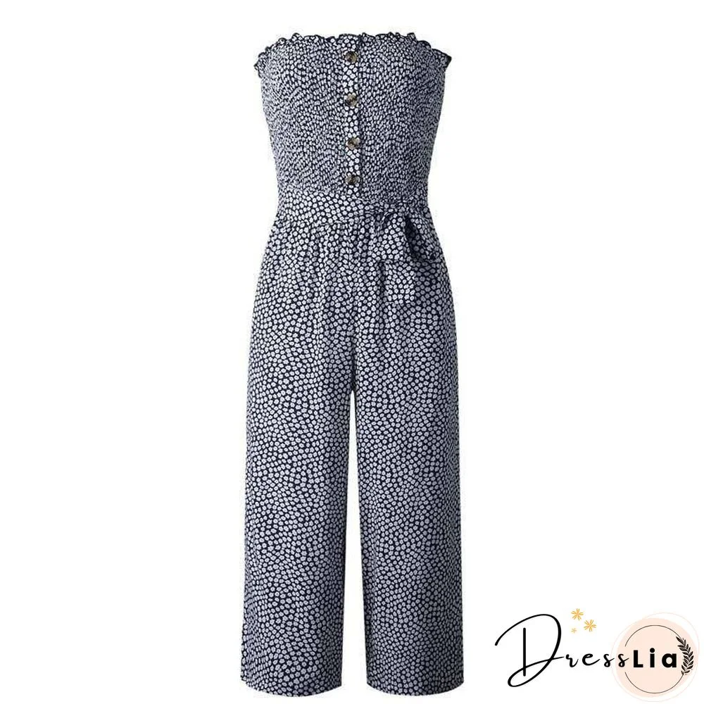 Floral Long Jumpsuit Elegant Women Backless Romper Summer Jumpsuit Female Cotton Pocket Ladies Strapless Overalls For Women
