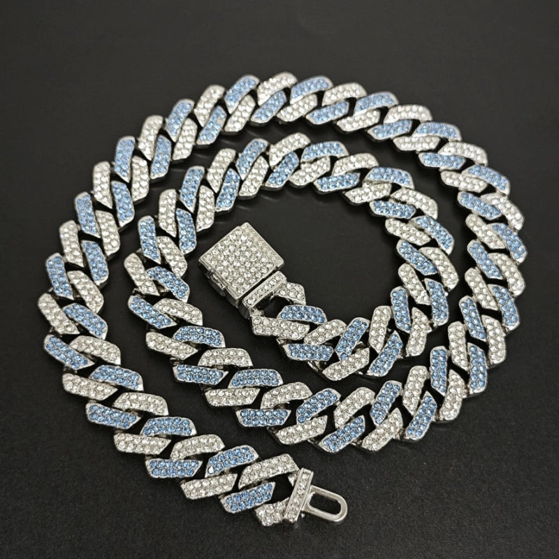 Qianshimei New 14mm Encryption Color Half Blue Half Pink Dragon Beard Buckle Flip Rhombus Cuban Chain Hip Hop Necklace