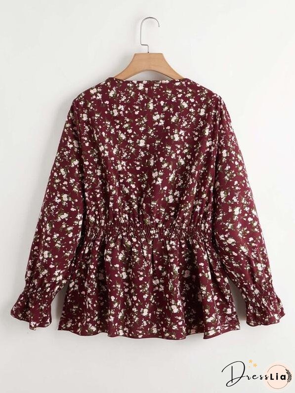 Plus Ditsy Floral Print Shirred Waist Blouse