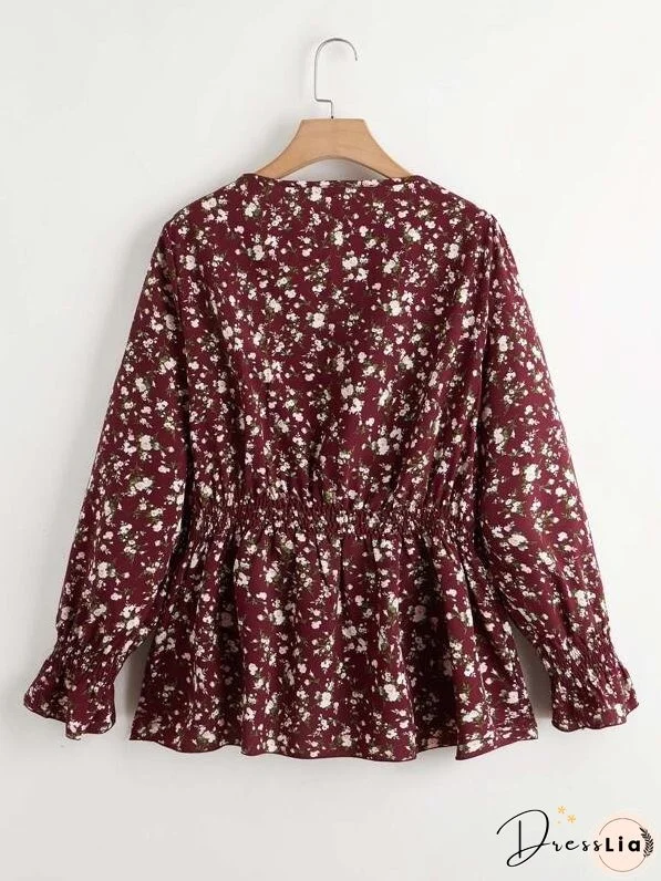 Plus Ditsy Floral Print Shirred Waist Blouse