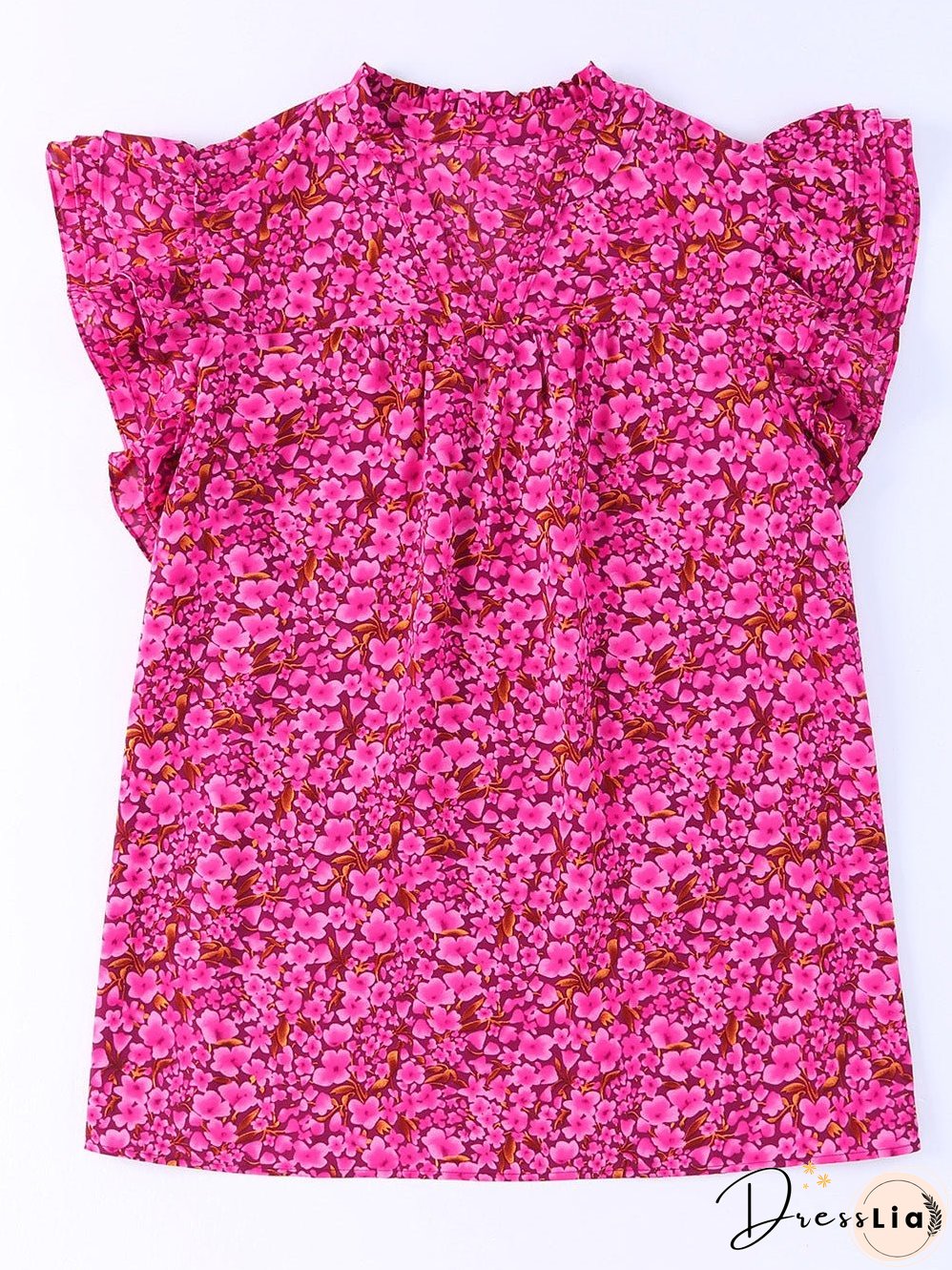 Rose Floral Print Ruffle Sleeve Plus Size Shift Top