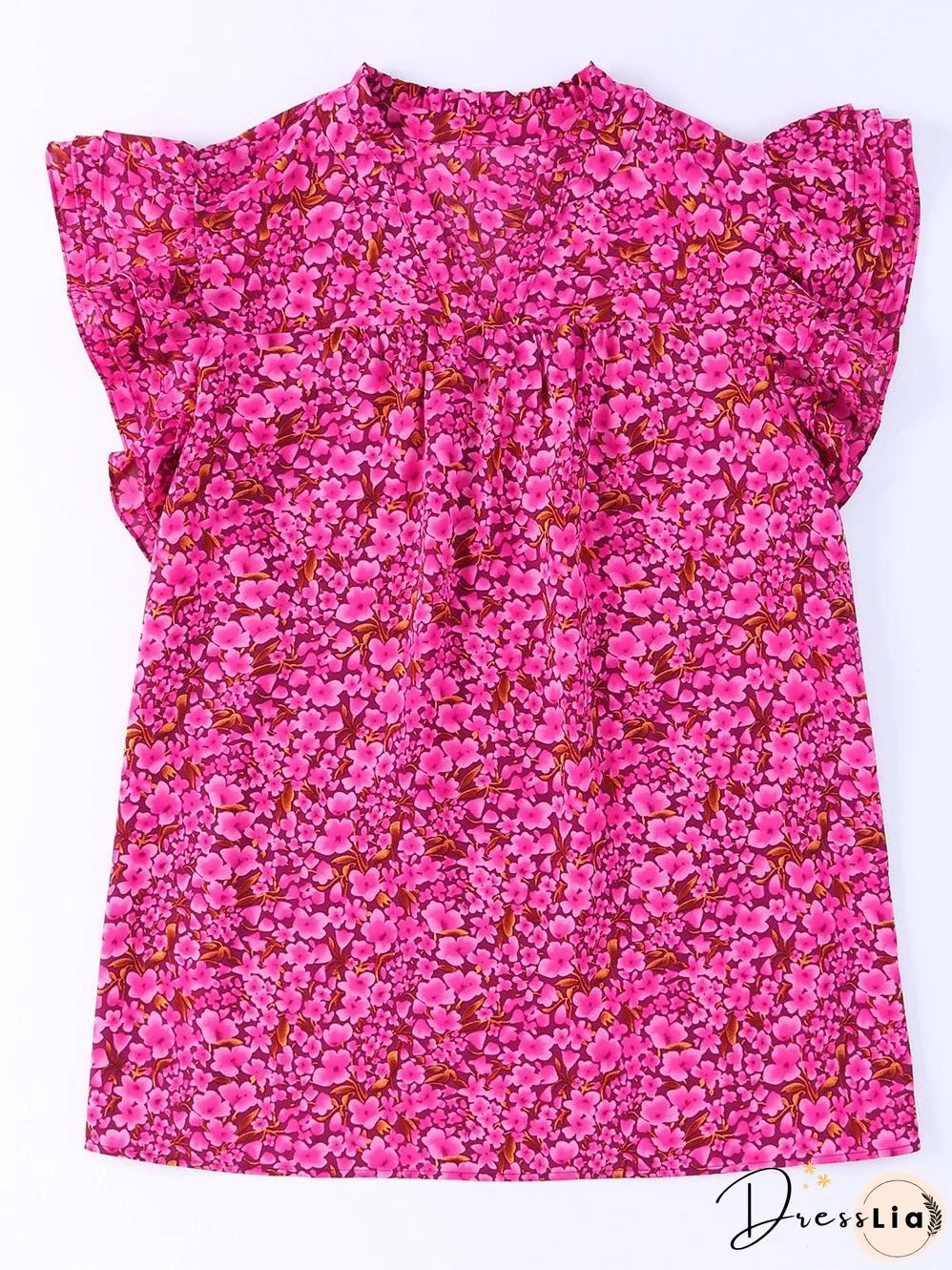 Rose Floral Print Ruffle Sleeve Plus Size Shift Top