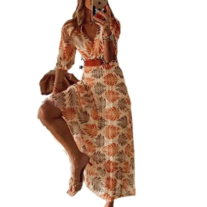 Wongn Wongn Summer Women's New V-Neck Print Folding Holiday Dress