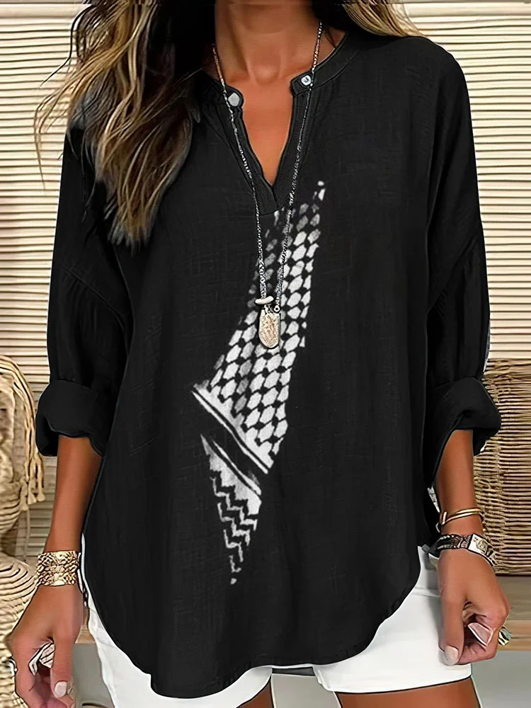 I Hope Peace Forever Pattern Linen Blend Cozy Tunic