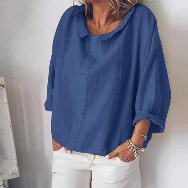 Women Long Sleeve Cotton Linen Casual Lapel Neck Tops Solid Blouse Tops | IFYHOME