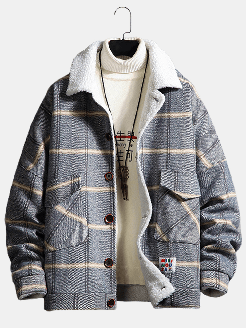 Mens Plaid Button Front Lapel Sherpa Lined Warm Double Pocket Jacket