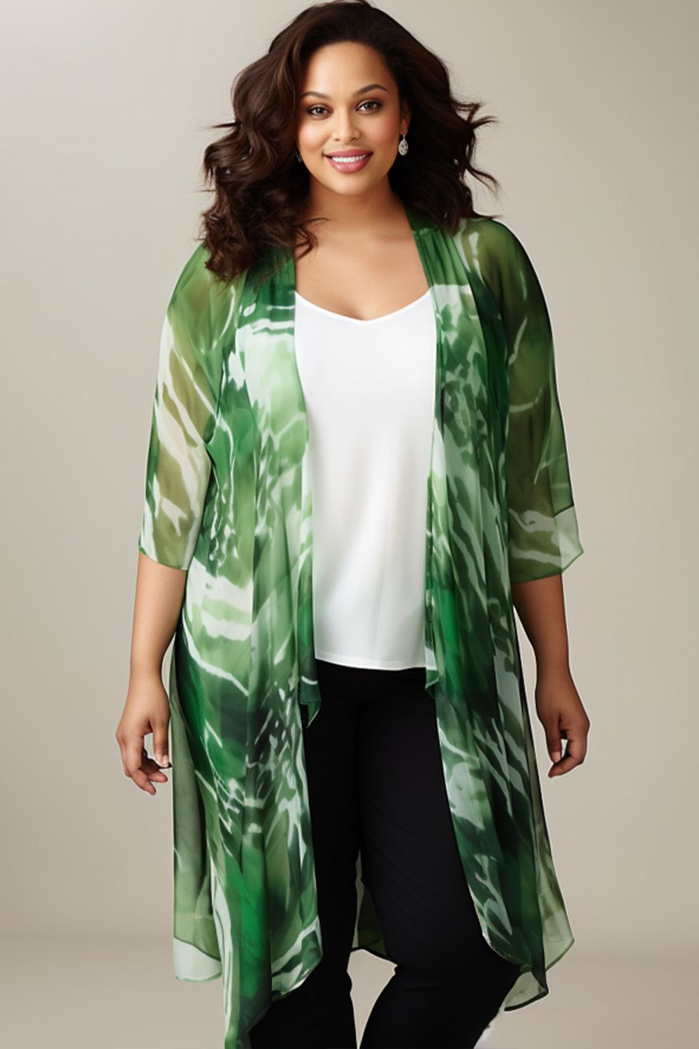 Flycurvy Plus Size Vacation Green Chiffon Marble Print Cascade Front Half Sleeve Cardigan 2024 - Flycurvy 