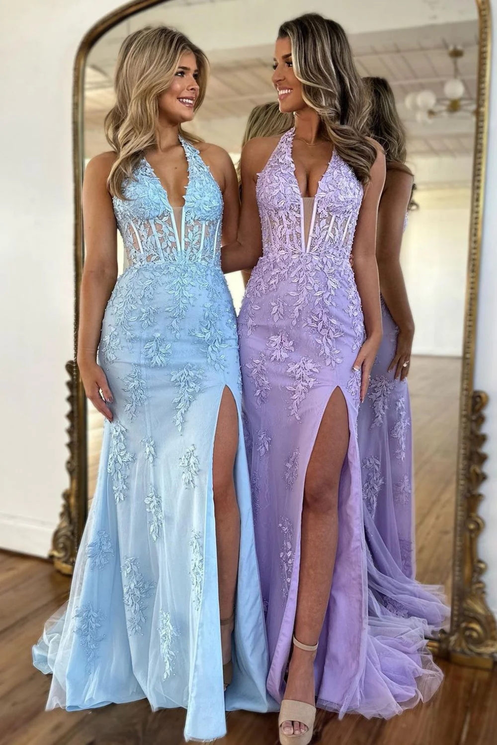 2024 Lace Prom Dress Long Blue Prom Dress Fitted With Split YH0071