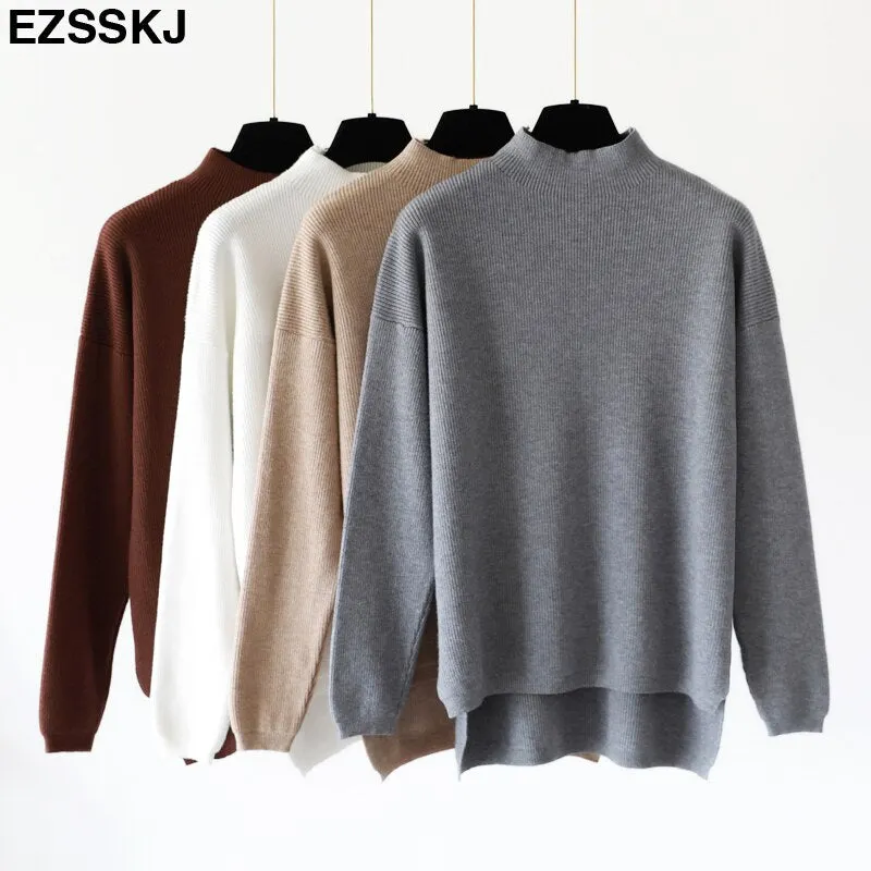 Korean Style Loose Sweater Women Pullover Casual Half Turtleneck Long Sleeve Oversized Knit Sweater Female Jumpers Split solid