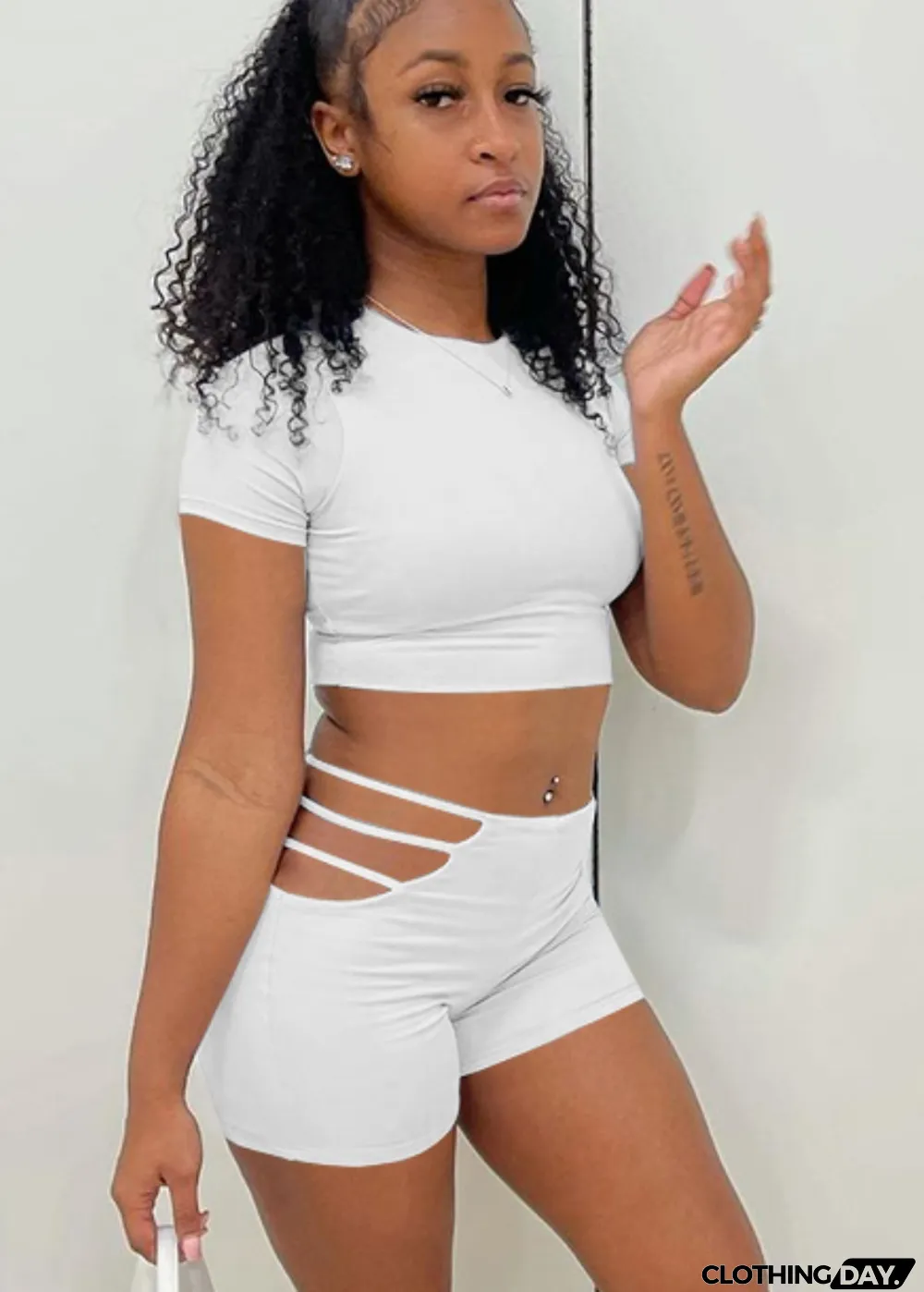 Summer White Sexy Crop Top and Hollow Out Shorts 2 Piece Set