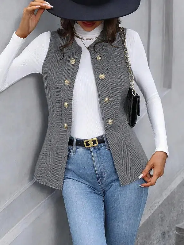 Grey Sleeveless Plain Outerwear
