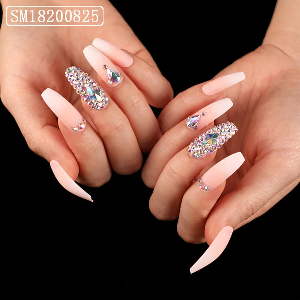 24pcs Rhinestone Fake Nails New luxury jewelry long ballet coffin fake nails crystal diamond Transparent Full Cover Nail Tips