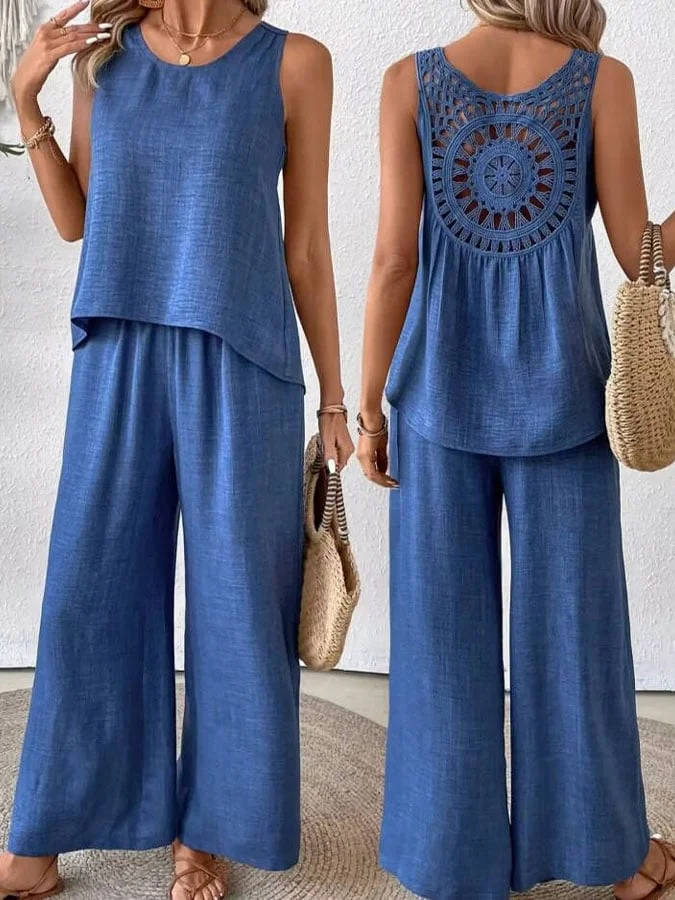 Women'S Casual Solid Color Round Neck Stitching Lace Two-Piece Suit