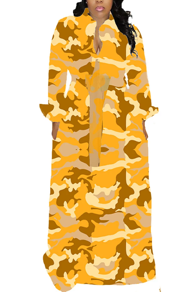 Plus Size Daily Camouflage Print Long Sleeve Maxi Dress